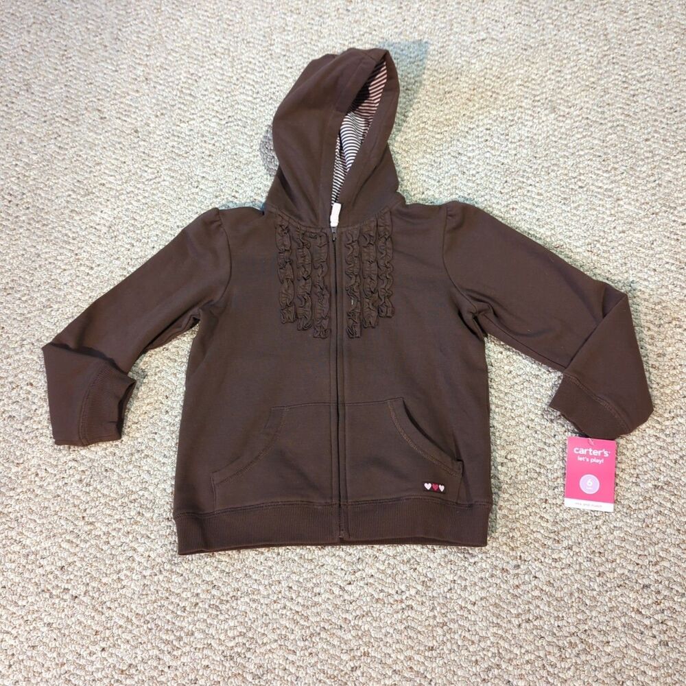 Carters Hoodie Sweatshirt Girls 6 Brown Ruffles Full Zip Hearts Pockets